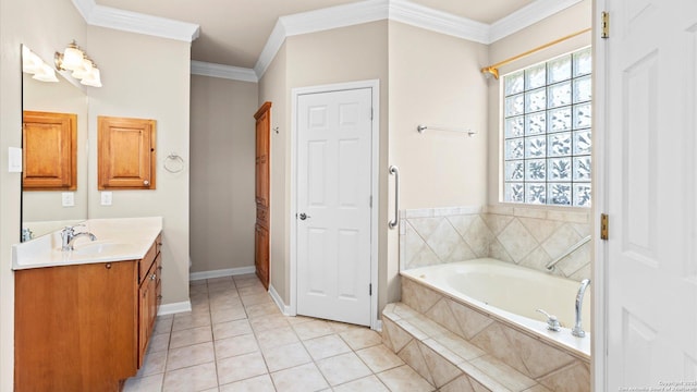 24935 Pecan Crk, San Antonio, TX 78255 - bathroom featuring vanity, crown molding, a garden tub, tile patterned floors, and baseboards
