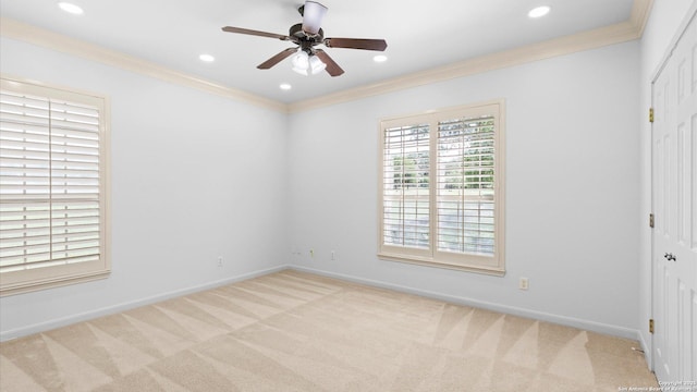 24935 Pecan Crk, San Antonio, TX 78255 - unfurnished room with crown molding, a ceiling fan, carpet floors, baseboards, and recessed lighting