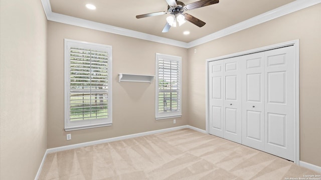 24935 Pecan Crk, San Antonio, TX 78255 - unfurnished bedroom featuring crown molding, carpet, baseboards, a closet, and ceiling fan
