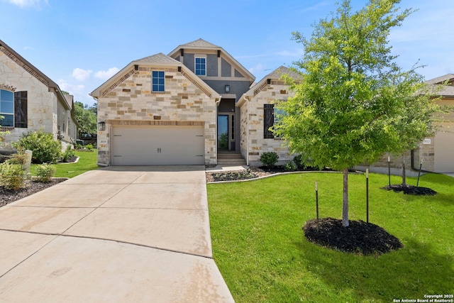 view of front of property with a front lawn, driveway, and stone siding