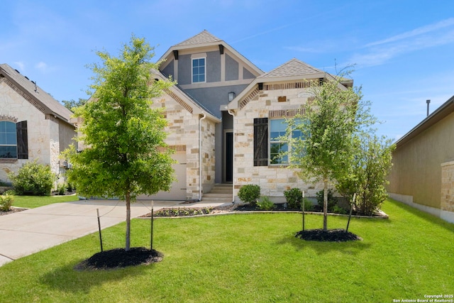 view of front of house featuring concrete driveway, stone siding, a front lawn, a garage, and stucco siding