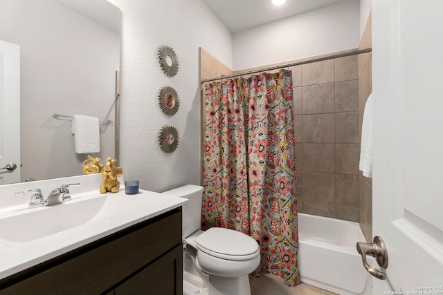 bathroom featuring toilet, shower / bath combination with curtain, vanity, and tile patterned flooring