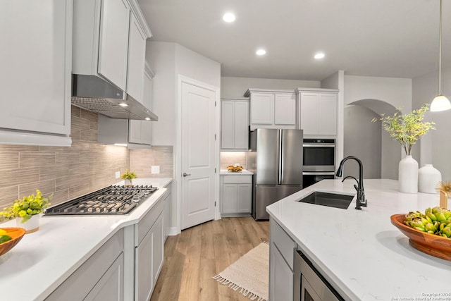 kitchen with stainless steel appliances, a sink, under cabinet range hood, light wood finished floors, and backsplash