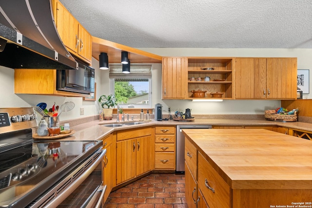 635 Brightwood Pl, San Antonio, TX 78209 - kitchen with appliances with stainless steel finishes, under cabinet range hood, butcher block countertops, a sink, and open shelves
