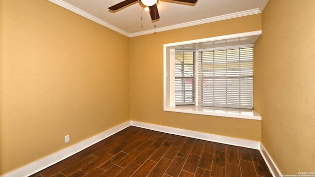 8526 Glen Breeze, San Antonio, TX 78239 - unfurnished room featuring baseboards, a ceiling fan, crown molding, and dark wood-style flooring