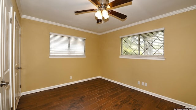 8526 Glen Breeze, San Antonio, TX 78239 - spare room with baseboards, healthy amount of natural light, ornamental molding, ceiling fan, and dark wood-type flooring