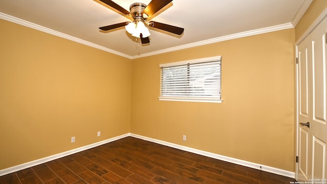 8526 Glen Breeze, San Antonio, TX 78239 - unfurnished room featuring baseboards, crown molding, ceiling fan, and dark wood-type flooring