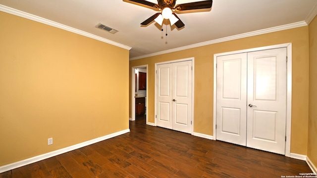 8526 Glen Breeze, San Antonio, TX 78239 - unfurnished bedroom featuring baseboards, ornamental molding, dark wood-type flooring, and ceiling fan
