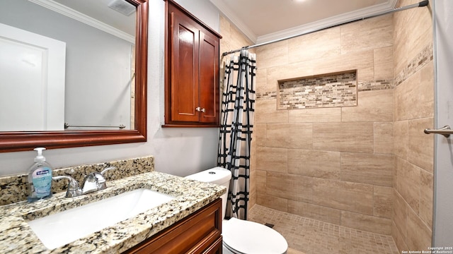 8526 Glen Breeze, San Antonio, TX 78239 - full bath featuring toilet, a shower stall, crown molding, and vanity