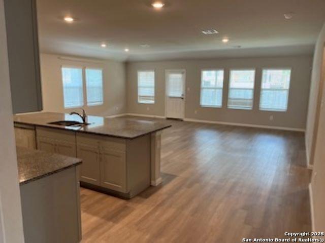 32132 Morels, Bulverde, TX 78163 - kitchen featuring a sink, light wood-style floors, baseboards, light stone counters, and recessed lighting