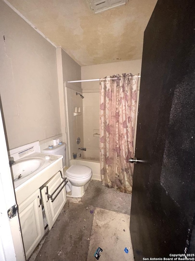 941 Potomac, San Antonio, TX 78202 - bathroom featuring shower / tub combo with curtain, vanity, toilet, and unfinished concrete flooring