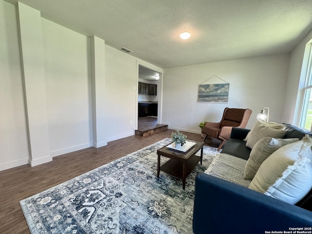 419 W Culberson, Sabinal, TX 78881 - living room featuring wood finished floors, a textured ceiling, and baseboards