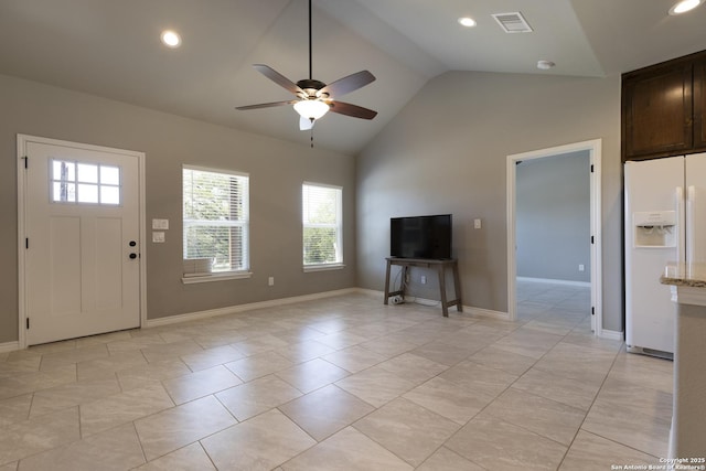 1407 Tanglewood, Spring Branch, TX 78070 - unfurnished living room featuring a ceiling fan, healthy amount of natural light, recessed lighting, baseboards, and high vaulted ceiling