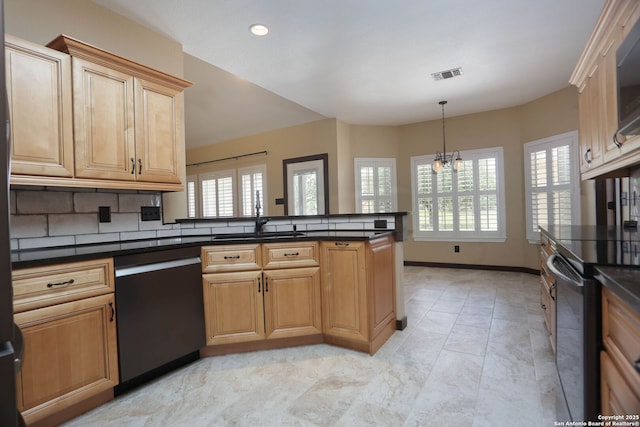 1181 County Road 4516, Castroville, TX 78009 - kitchen featuring dishwashing machine, a sink, black / electric stove, dark countertops, and a peninsula
