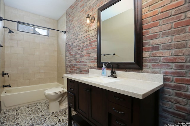 1181 County Road 4516, Castroville, TX 78009 - full bathroom featuring toilet, brick wall, vanity, tub / shower combination, and tile patterned floors