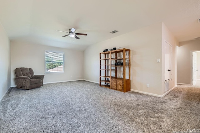 unfurnished room featuring ceiling fan, carpet, and baseboards