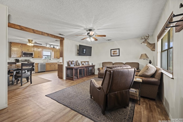 2050 Adj Ln, Fredericksburg, TX 78624 - living room featuring a ceiling fan, a textured ceiling, light wood-style flooring, and track lighting