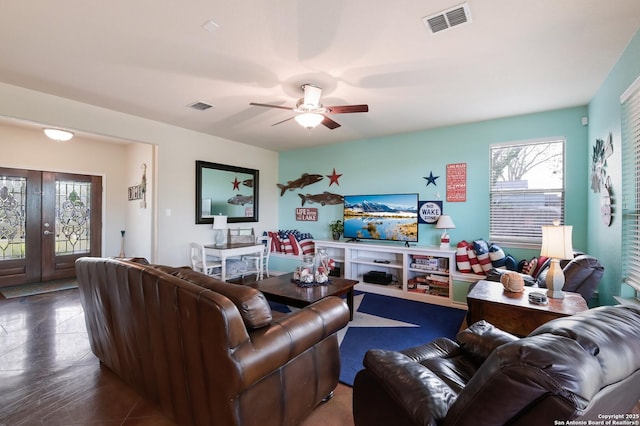 315 E Klein, New Braunfels, TX 78130 - tiled living area with french doors and a ceiling fan