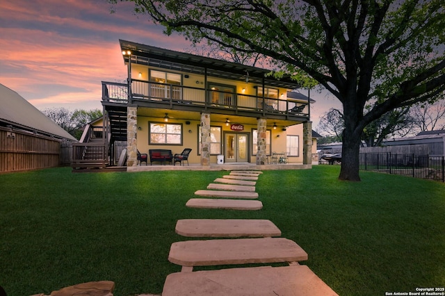 315 E Klein, New Braunfels, TX 78130 - rear view of property featuring stairway, stone siding, a patio area, and stucco siding