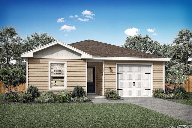 single story home featuring driveway, an attached garage, and roof with shingles