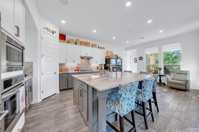 11109 Molly Run, San Antonio, TX 78254 - kitchen featuring stainless steel appliances, gray cabinets, under cabinet range hood, a sink, and backsplash