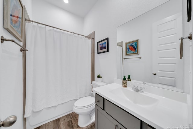 11109 Molly Run, San Antonio, TX 78254 - full bath with wood finished floors, toilet, vanity, and shower / tub combo with curtain