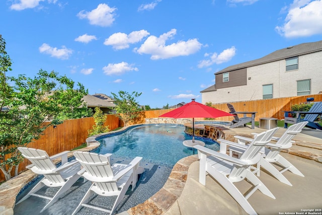11109 Molly Run, San Antonio, TX 78254 - view of pool featuring a fenced backyard, a patio area, and a pool with connected hot tub