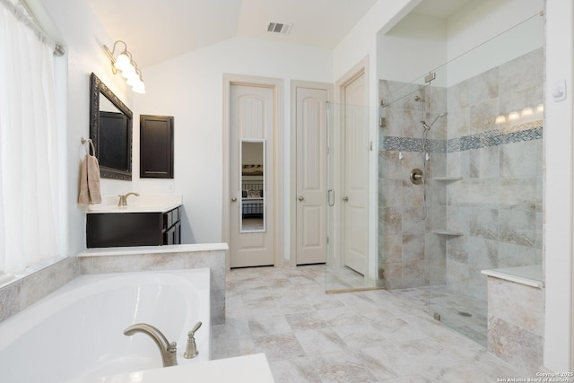 1041 Water Oak, Schertz, TX 78154 - full bathroom with lofted ceiling, walk in shower, a garden tub, and vanity