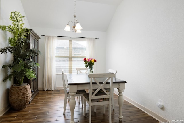 1041 Water Oak, Schertz, TX 78154 - dining room with a chandelier, baseboards, dark wood-style floors, and lofted ceiling