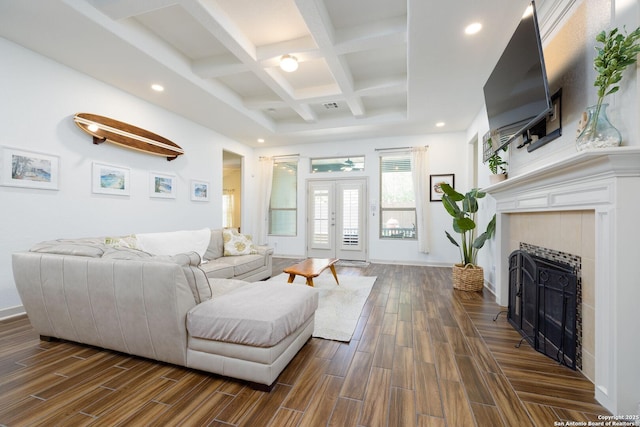 1041 Water Oak, Schertz, TX 78154 - living area featuring beam ceiling, a fireplace, coffered ceiling, dark wood-style flooring, and recessed lighting