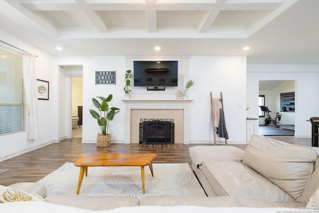 1041 Water Oak, Schertz, TX 78154 - living area with recessed lighting, coffered ceiling, wood finished floors, a tiled fireplace, and beamed ceiling