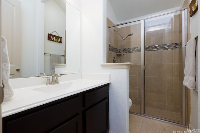 1041 Water Oak, Schertz, TX 78154 - bathroom with toilet, a stall shower, vanity, and tile patterned flooring