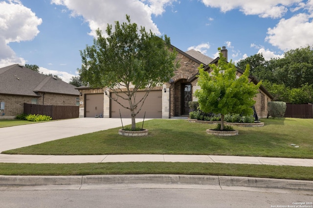 1041 Water Oak, Schertz, TX 78154 - view of front of property with an attached garage, concrete driveway, a chimney, stone siding, and brick siding