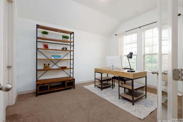 1041 Water Oak, Schertz, TX 78154 - carpeted home office featuring vaulted ceiling and baseboards