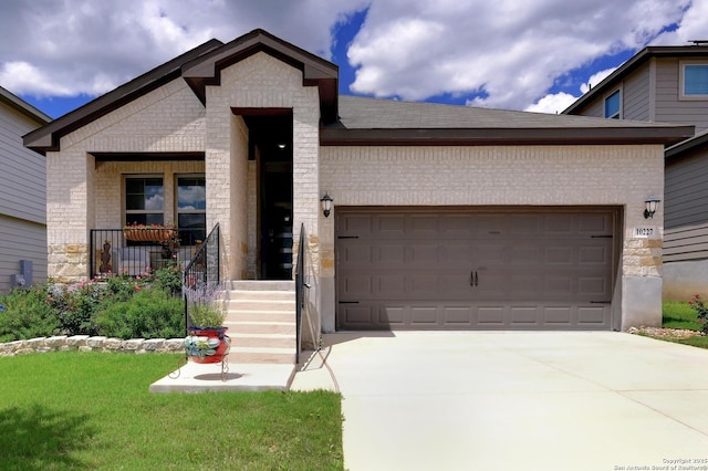 10227 Azealia Way, Boerne, TX 78006 - view of front of property with brick siding, a garage, concrete driveway, and a front yard