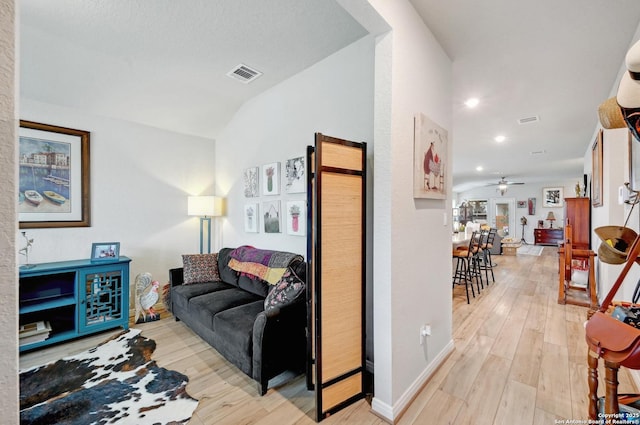 10227 Azealia Way, Boerne, TX 78006 - living area featuring light wood-style floors, ceiling fan, vaulted ceiling, and recessed lighting