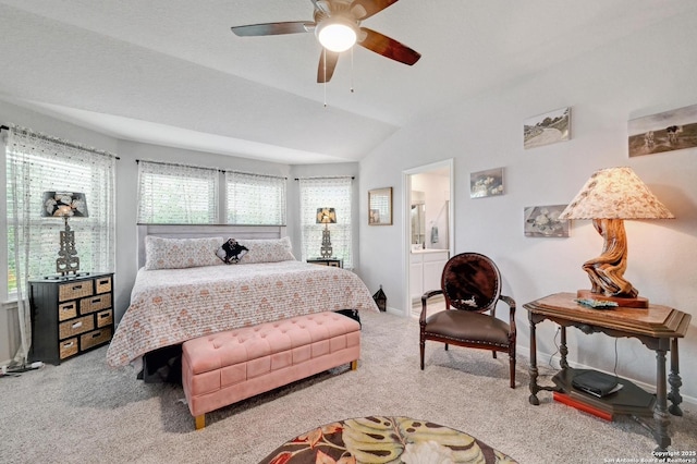10227 Azealia Way, Boerne, TX 78006 - bedroom with carpet flooring, lofted ceiling, baseboards, ensuite bath, and ceiling fan