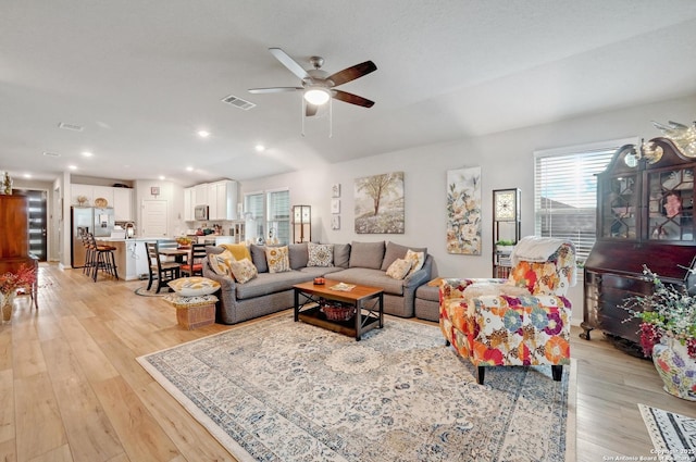 10227 Azealia Way, Boerne, TX 78006 - living room with healthy amount of natural light, ceiling fan, light wood-style flooring, and recessed lighting