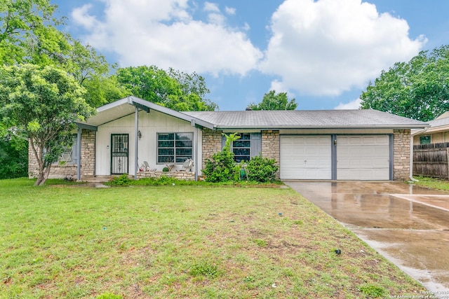 5118 Crusade Dr, San Antonio, TX 78218 - ranch-style home with a garage, stone siding, and concrete driveway
