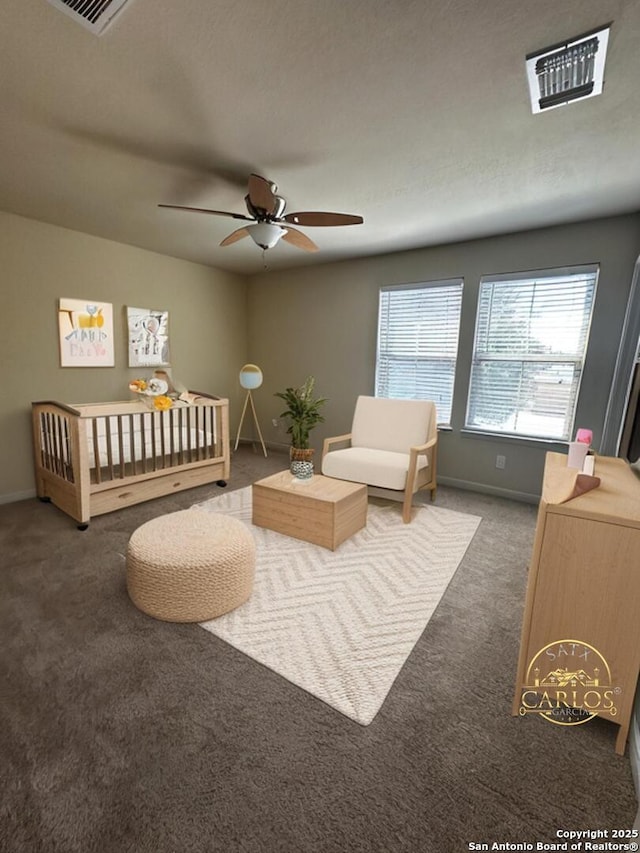 6635 Cibola Frst, San Antonio, TX 78233 - living room featuring carpet flooring, ceiling fan, and baseboards
