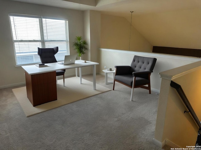 6635 Cibola Frst, San Antonio, TX 78233 - office featuring light carpet, vaulted ceiling, and baseboards