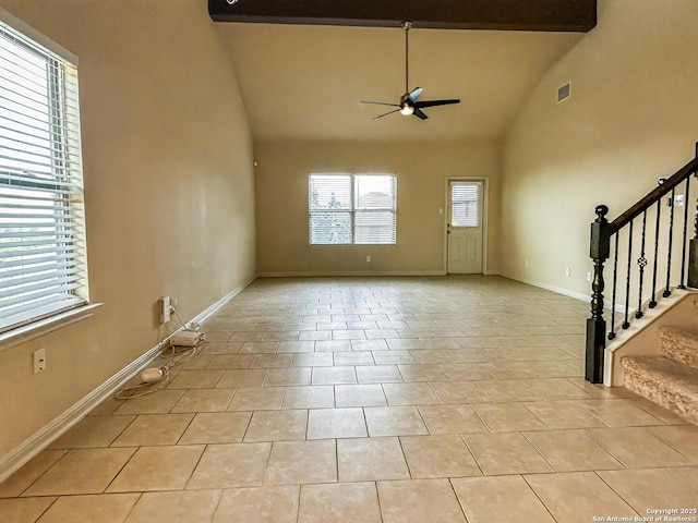 6635 Cibola Frst, San Antonio, TX 78233 - unfurnished living room featuring ceiling fan, high vaulted ceiling, stairs, baseboards, and light tile patterned flooring