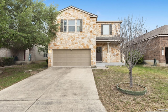 10307 Royal, San Antonio, TX 78245 - view of front facade with stone siding, concrete driveway, an attached garage, and a front lawn