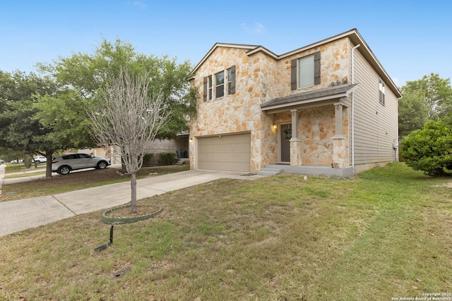 10307 Royal, San Antonio, TX 78245 - traditional-style home with stone siding, an attached garage, driveway, and a front yard