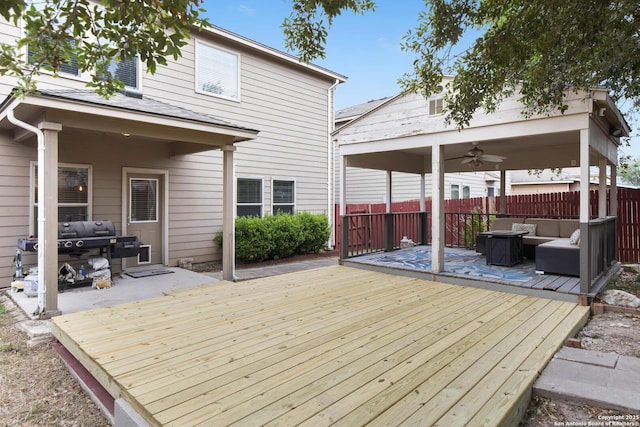 10307 Royal, San Antonio, TX 78245 - wooden deck with an outdoor hangout area, ceiling fan, grilling area, and a gazebo