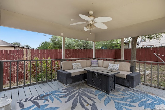 10307 Royal, San Antonio, TX 78245 - wooden deck with outdoor lounge area, a fenced backyard, and a ceiling fan
