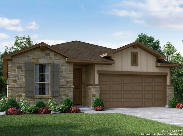 29504 Ringo Way, San Antonio, TX 78260 - view of front of home with stone siding, roof with shingles, a garage, driveway, and board and batten siding