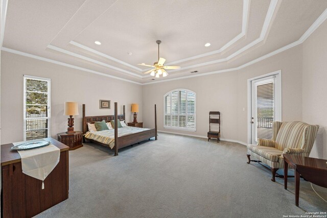 2001 Crown Rdg, Kerrville, TX 78028 - bedroom featuring a raised ceiling, crown molding, carpet flooring, a ceiling fan, and recessed lighting