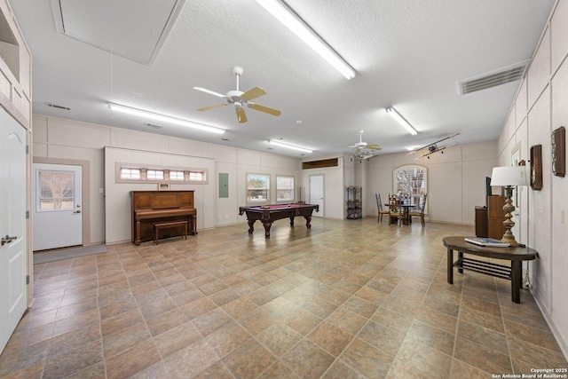 2001 Crown Rdg, Kerrville, TX 78028 - rec room with attic access, pool table, a ceiling fan, and a textured ceiling