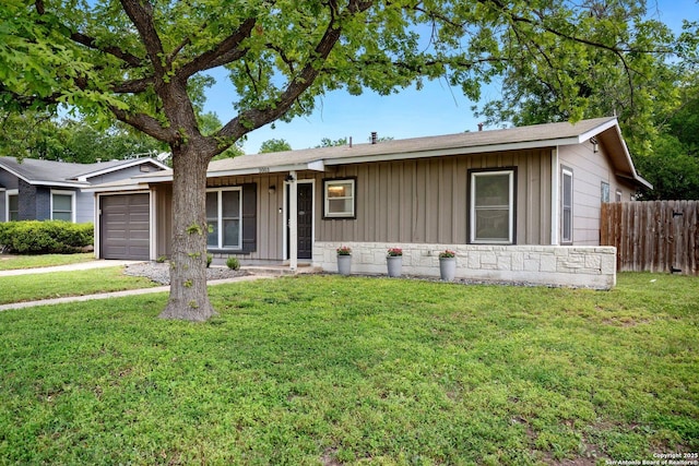 3003 Shady Spgs, San Antonio, TX 78230 - ranch-style house with a garage, board and batten siding, stone siding, and driveway